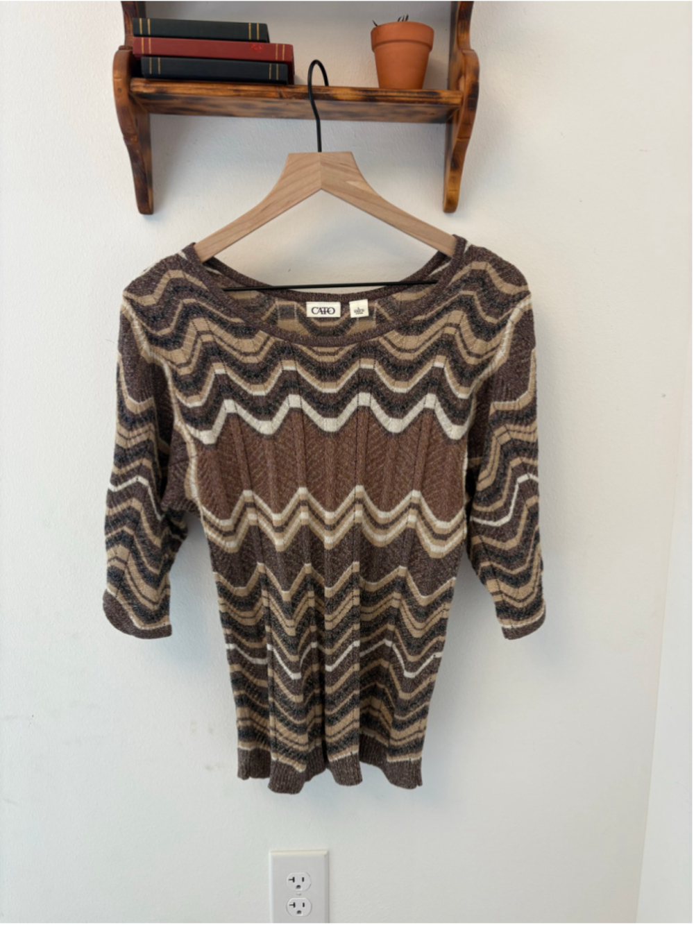Cato Y2K Brown Metallic Chevron Knit Sweater Top Boho 3/4 Sleeve Large